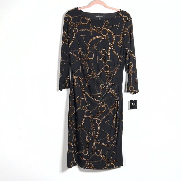 Anne Klein Equestrian Chain Link Print Dress Sz L Black Ruched Waist Long Sleeve - Picture 1 of 12
